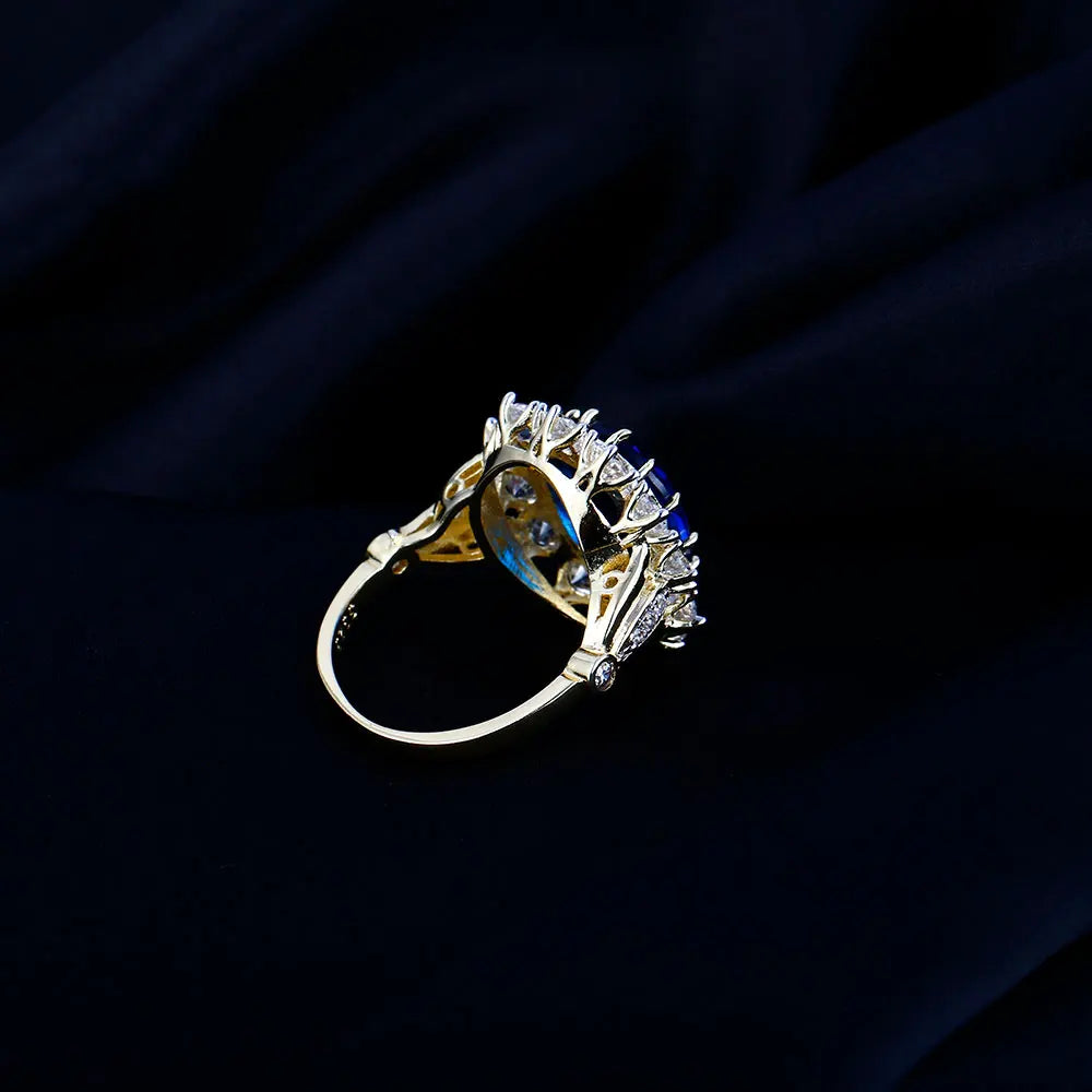 Luxury Oval Blue Zircon Ring for Women Sparkling Golden Color Solitaire Finger Rings Romantic Jewelry Wedding Anniversary Gift