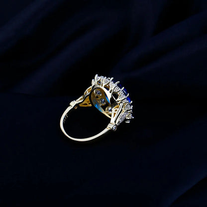 Luxury Oval Blue Zircon Ring for Women Sparkling Golden Color Solitaire Finger Rings Romantic Jewelry Wedding Anniversary Gift