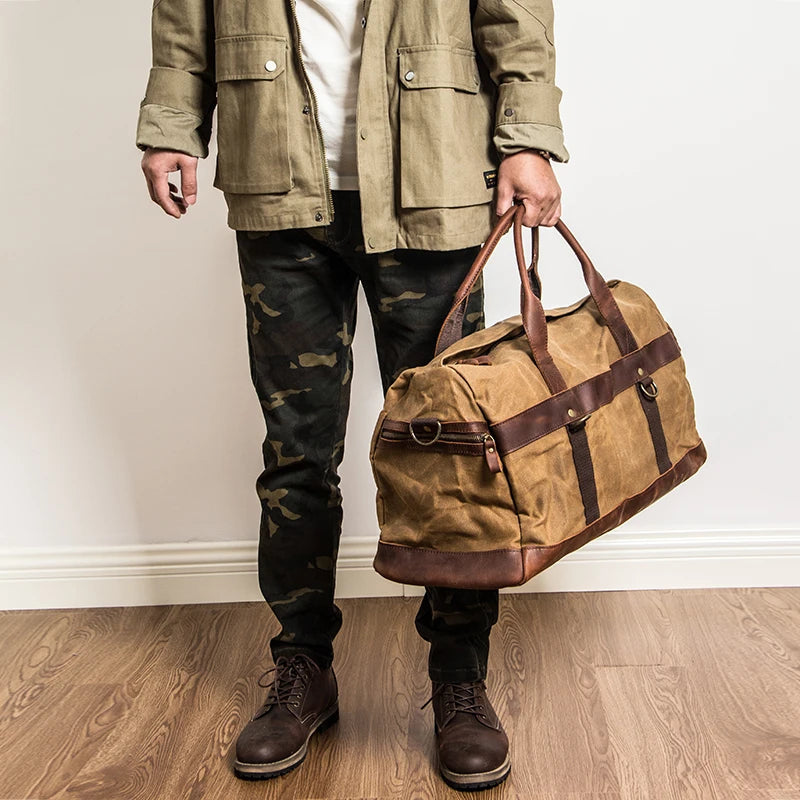 WaterProof Waxed Canvas Leather Men Travel Bag Hand Luggage Bag Carry On Large tote Vintage Men Duffle Weekend Bag big Overnight