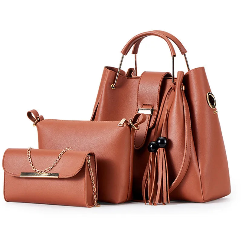 Fashion Women Bucket Handbag Large Capacity PU Leather Shoulder Bag Female  Wild 3 Pcs Set Retro Tote Tassel Messenger Bags 2026