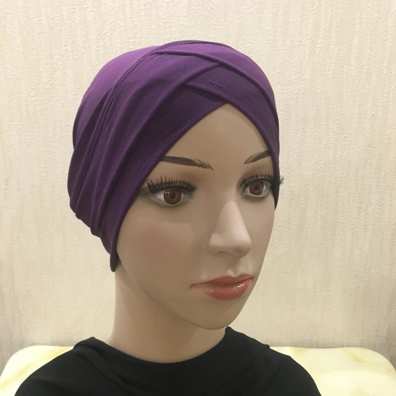 H117 Forehead criss Cross Muslim Turban Pure Color Stretch Inner Hijabs For Caps Ready To Wear Women Head Scarf Under Bonnet