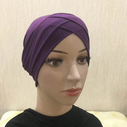 H117 Forehead criss Cross Muslim Turban Pure Color Stretch Inner Hijabs For Caps Ready To Wear Women Head Scarf Under Bonnet