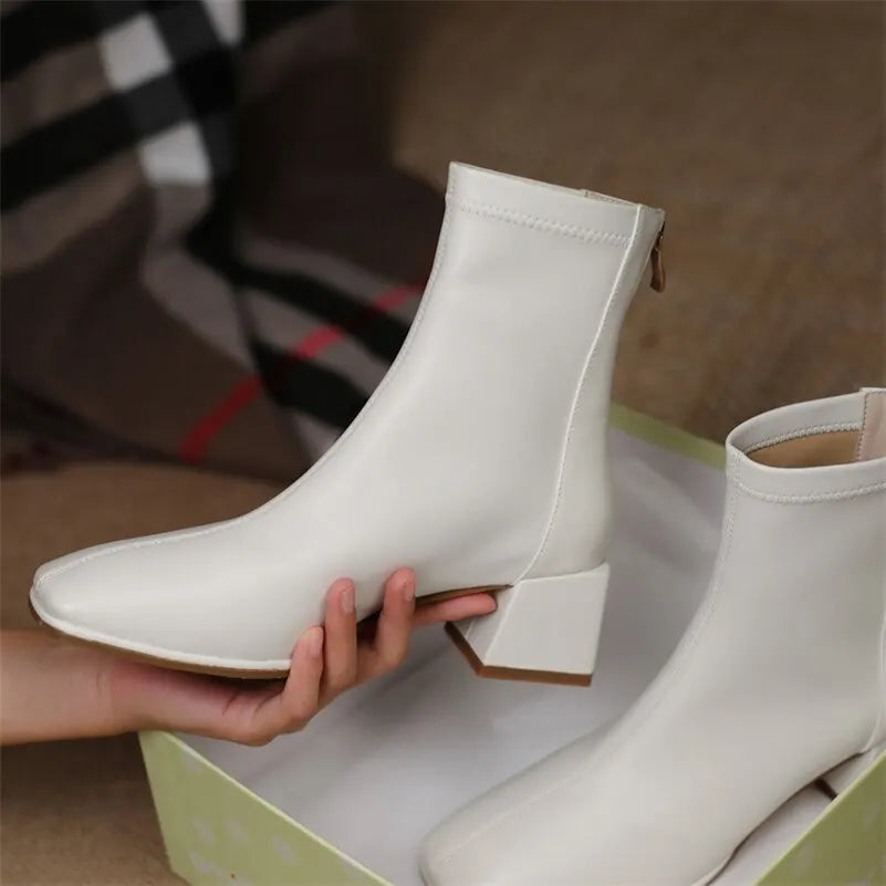 Meotina Ankle Boots Women Genuine Leather High Heel Shoes Thick Heel Short Boots Zip Square Toe Ladies Boots Autumn Winter Beige
