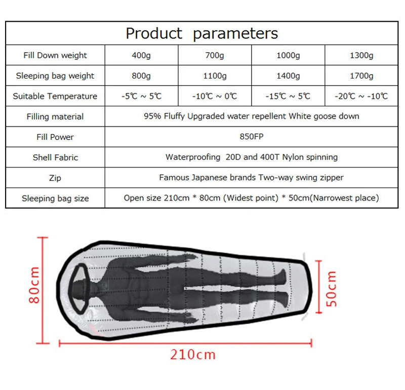 Upgraded High-grade White Goose Down Camping Sleeping Bag with Water Repellent Treatment Warm Insulated Fit for Cold Weather