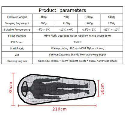 Upgraded High-grade White Goose Down Camping Sleeping Bag with Water Repellent Treatment Warm Insulated Fit for Cold Weather
