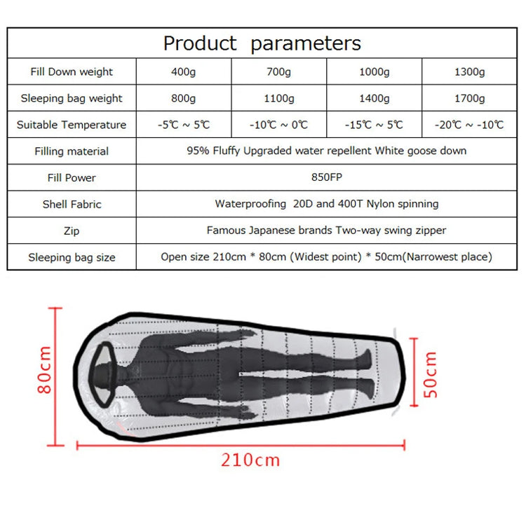 Upgraded High-grade White Goose Down Camping Sleeping Bag with Water Repellent Treatment Warm Insulated Fit for Cold Weather