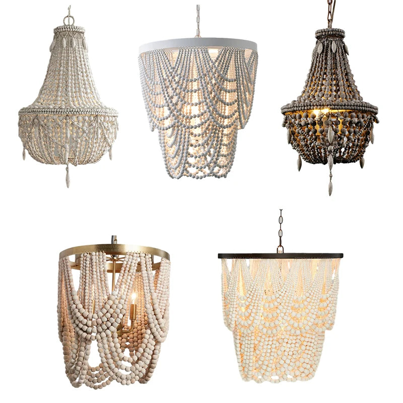 French Country white wood Bead Chandelier dining room bedroom princess Decorative chandelier 3/5 lights hanging light fixture