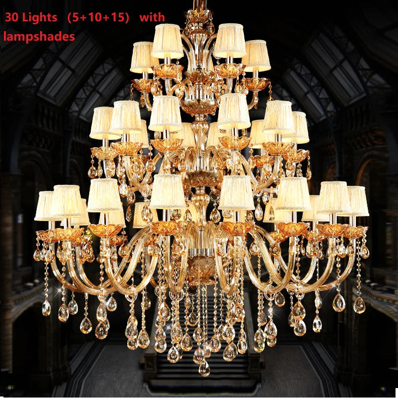 Large 18/24/30 Lights Modern Big Lustres 100% K9 Crystal Luxury Home Decoration Transparent/Amber/Gold/Cognic Villa Chandelier