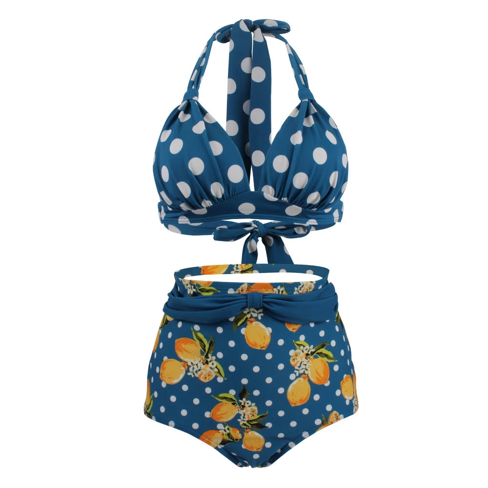 Pleated Bikini Red Top Navy Blue With White Dots Bottom Women Classic High Waist Halter Bikini Sets Plus Size Two-piece Swimwear