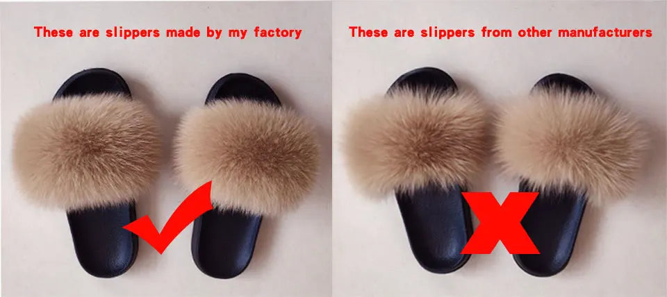 Women Summer Casual Fluffy Slippers With Fur Flat Non-Slip Real Fox Fur Furry Slides Large Size Shoes Fur Sandals