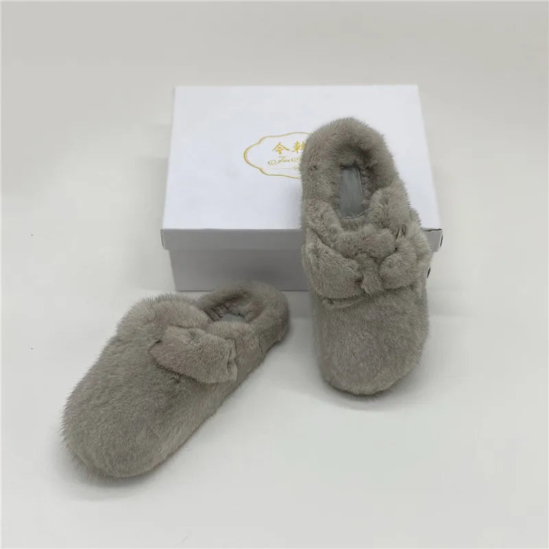 Female Luxury Real Mink Fur Slippers, Women's Clogs, Slip-on Casual Winter Shoes, Mules Shoes Women Luxury Designer Mink Slipper