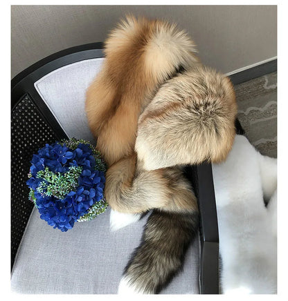MS.Minshu Long Natural Fox Fur Scarf  Genuine Fur Boa Whole Fox Stole with Tails