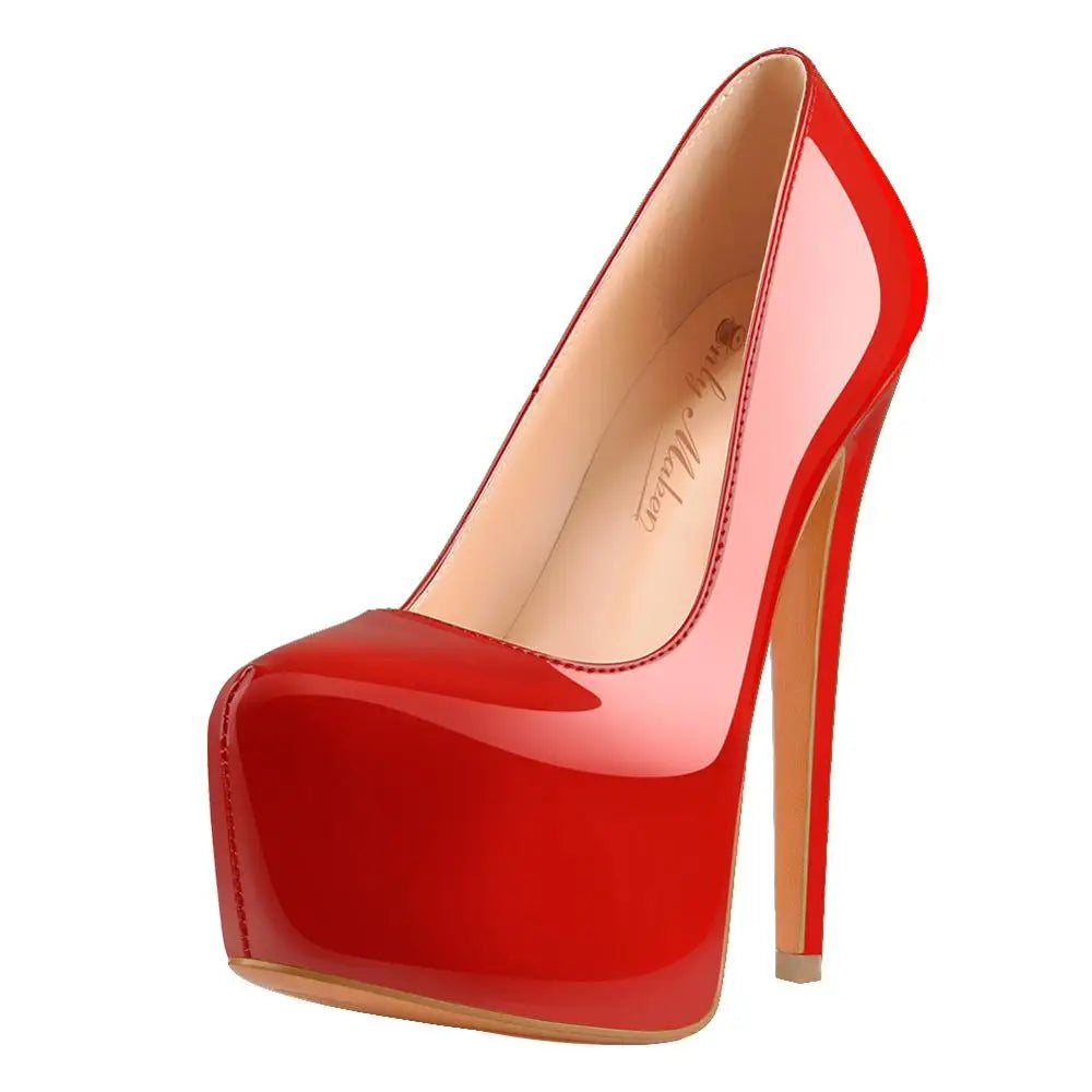 Onlymaker Women Platform Round Toe Pumps  Slip On Stiletto  Black Patent High Heels  Wedding Party Plus Size Sexy Shoes