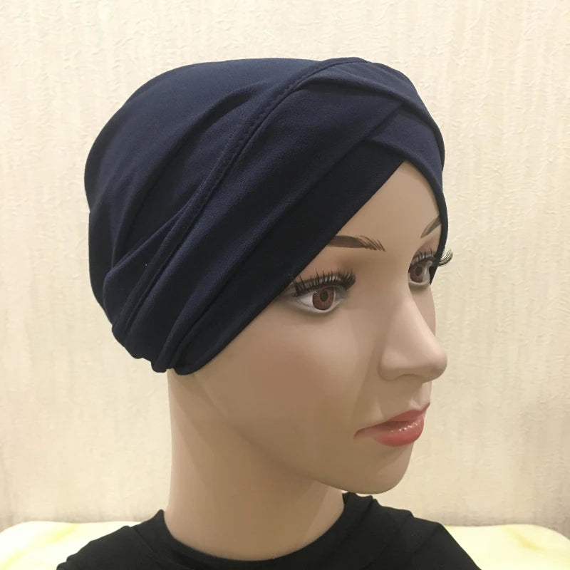 H117 Forehead criss Cross Muslim Turban Pure Color Stretch Inner Hijabs For Caps Ready To Wear Women Head Scarf Under Bonnet