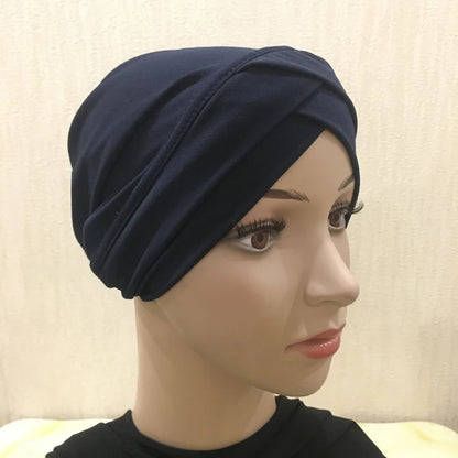 H117 Forehead criss Cross Muslim Turban Pure Color Stretch Inner Hijabs For Caps Ready To Wear Women Head Scarf Under Bonnet