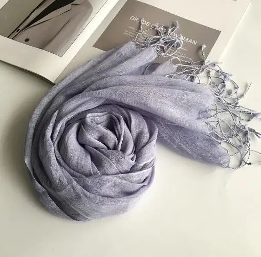 55*180cm Fashion Soft Solid Women 100% Linen Flax Tassel Scarf Summer Travel Sunscreen Long Shawl Elegant Hijab Women Foulard