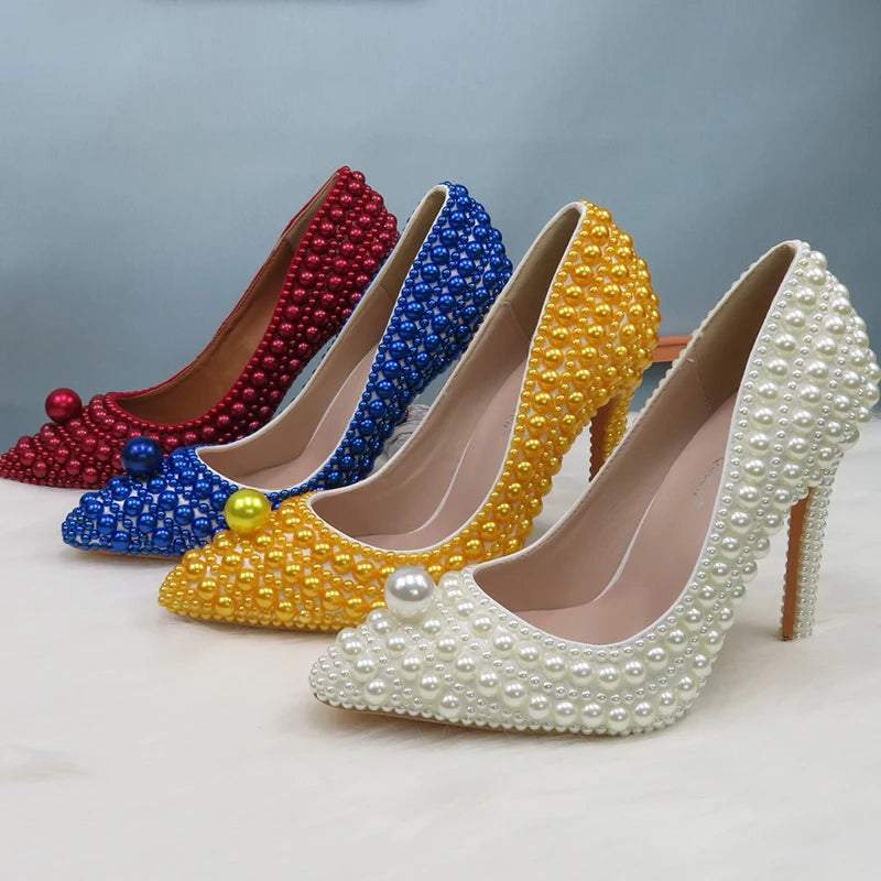 BaoYaFang White Beads Pearl Women Wedding Shoes Bride High Heels Shoes Ladies Super Big Size Party Dress Shoes Woman Pointed Toe