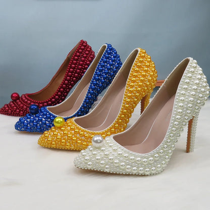 BaoYaFang White Beads Pearl Women Wedding Shoes Bride High Heels Shoes Ladies Super Big Size Party Dress Shoes Woman Pointed Toe