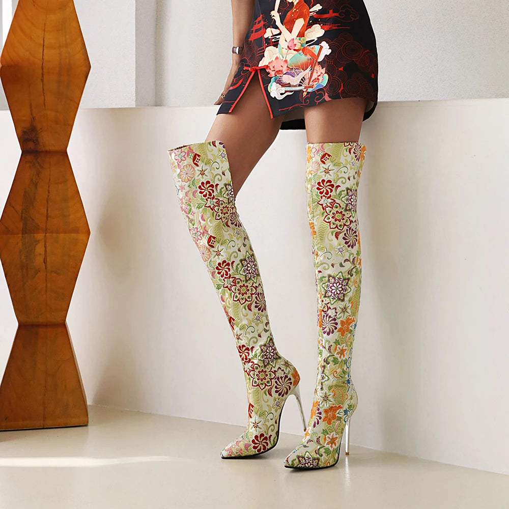 Western Embroidery Style Pointed Toe Over-The-Knee Women's Boots Ethnic Style Patterned Ultra-High Crystal Stiletto Long Boots