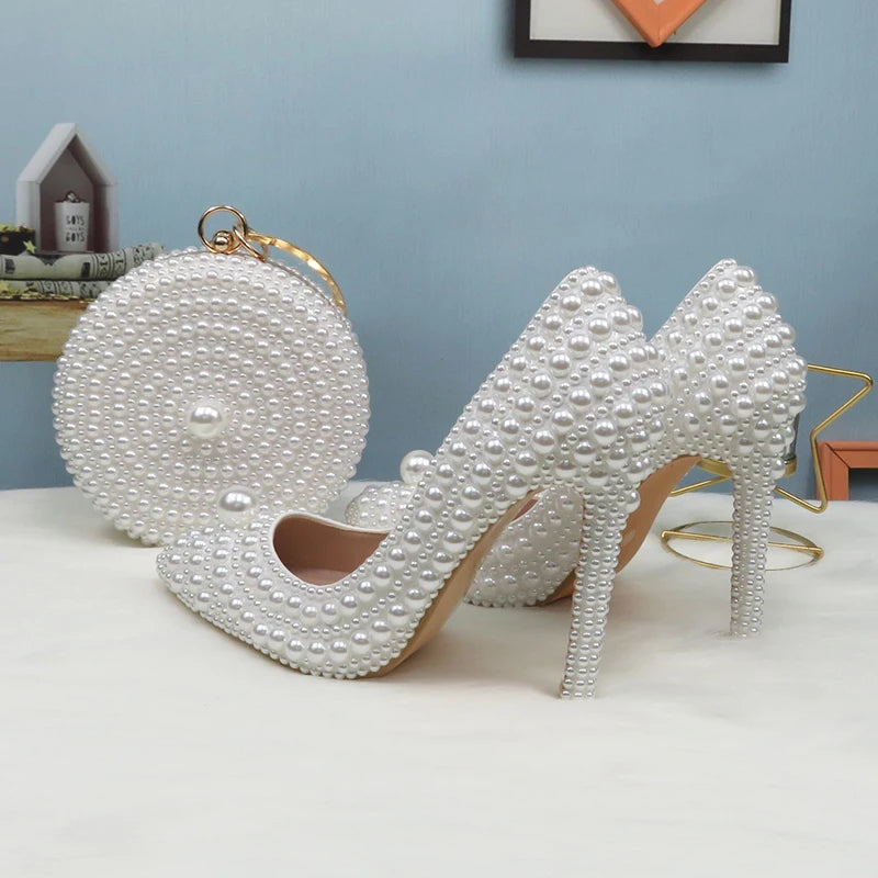 BaoYaFang White Beads Pearl Women Wedding Shoes Bride High Heels Shoes Ladies Super Big Size Party Dress Shoes Woman Pointed Toe