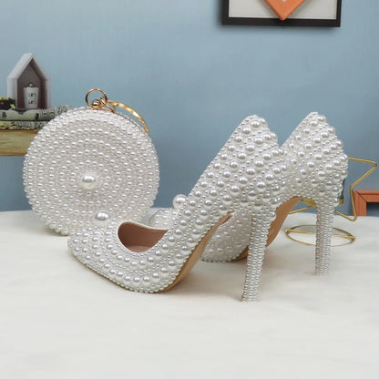 BaoYaFang White Beads Pearl Women Wedding Shoes Bride High Heels Shoes Ladies Super Big Size Party Dress Shoes Woman Pointed Toe