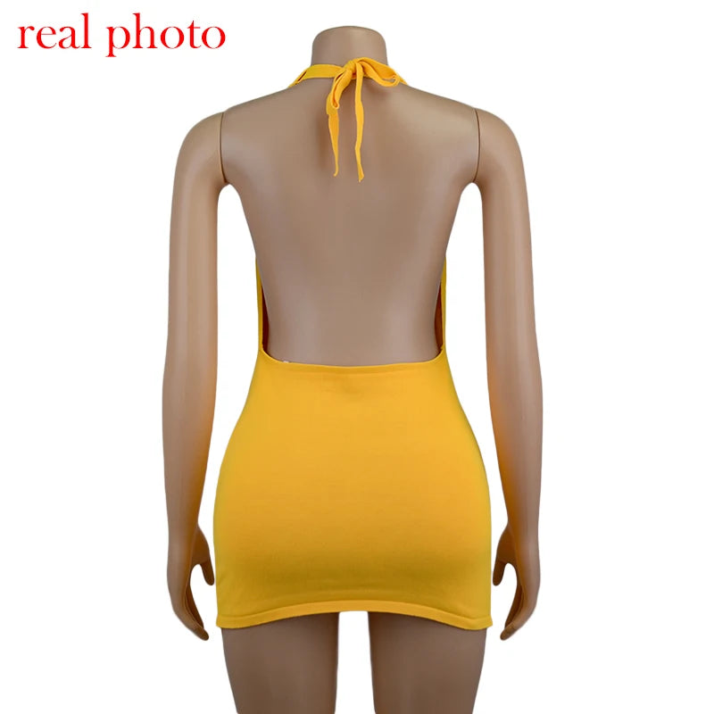 Cryptographic Halter Sexy Backless Mini Dresses Bodycon Skinny Club Party Sleeveless Knitted Dress Fall Streetwear Beach Holiday
