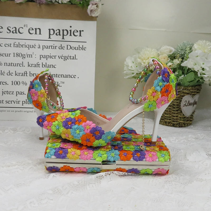 Fashion multicolored Flower Wedding Shoes With Matching Bags High Heels Pointed Toe Ankle Strap Ladies Party shoe and bag set
