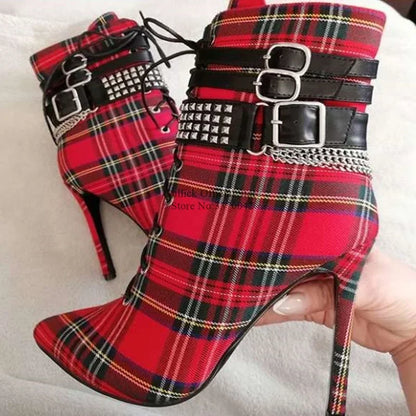 Red Plaid Cloth High Heel Ankle Boots Buckle Strap Studded Rivets Lace-up Short Bootie Pointed Toe Stiletto Heel Dress Shoes