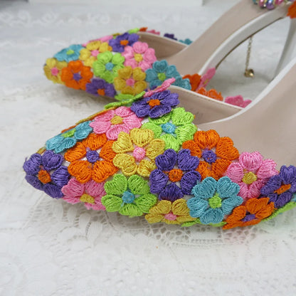 Fashion multicolored Flower Wedding Shoes With Matching Bags High Heels Pointed Toe Ankle Strap Ladies Party shoe and bag set