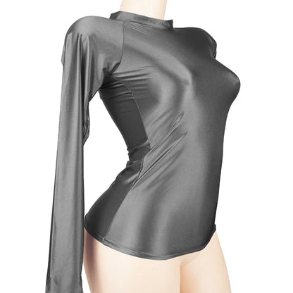 Shiny Long Sleeves Bodysuit Women Glossy Sportswear High Neck Gym Suit Sexy Transparent Leotards Compression Shirt Bathing Top