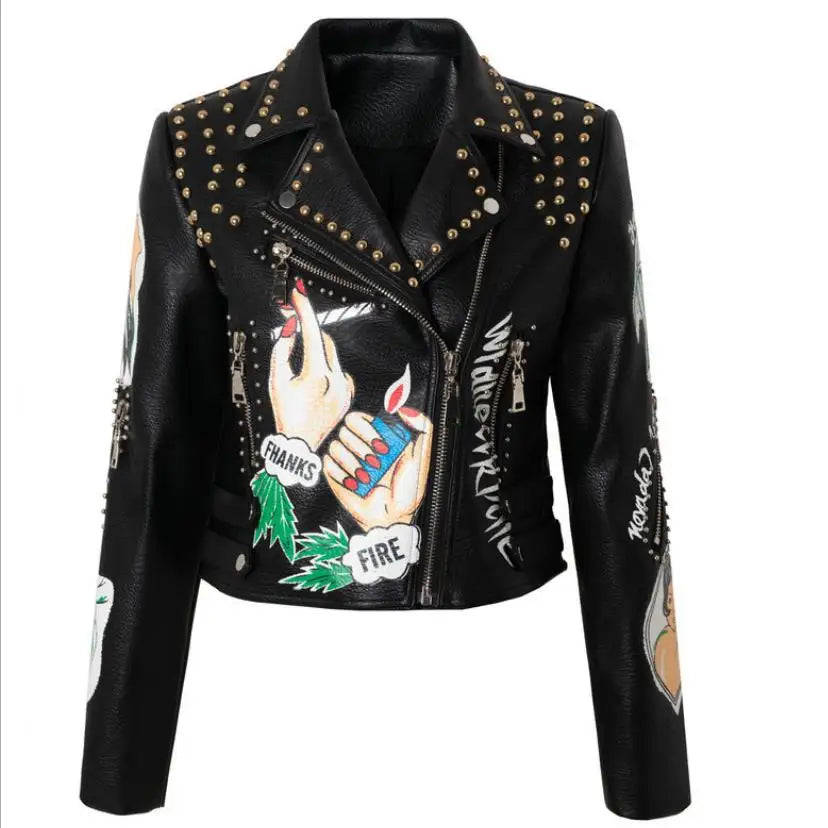 3xl women and men rivet beading pu leather jacket hit color streetstyle Graffiti outerwear letters printed leather jackets