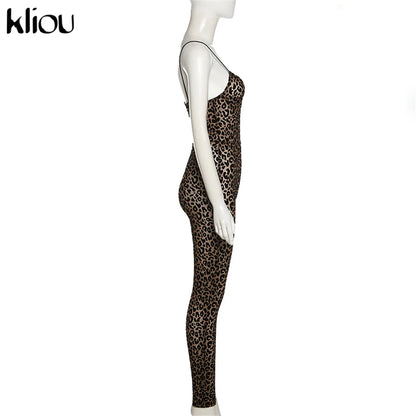 Kliou Flocking Mesh Jumpsuit Women Autumn Sexy Camis Leopard Patchwork Body-Shaping One Piece Clothing Midnight Attire Clubwear