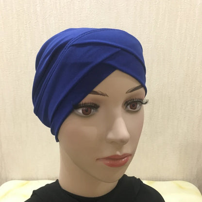 H117 Forehead criss Cross Muslim Turban Pure Color Stretch Inner Hijabs For Caps Ready To Wear Women Head Scarf Under Bonnet