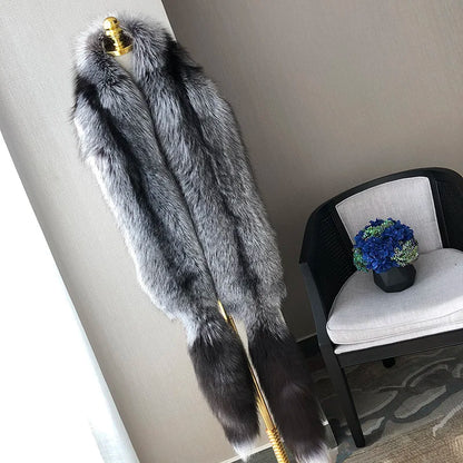 MS.Minshu Long Natural Fox Fur Scarf  Genuine Fur Boa Whole Fox Stole with Tails