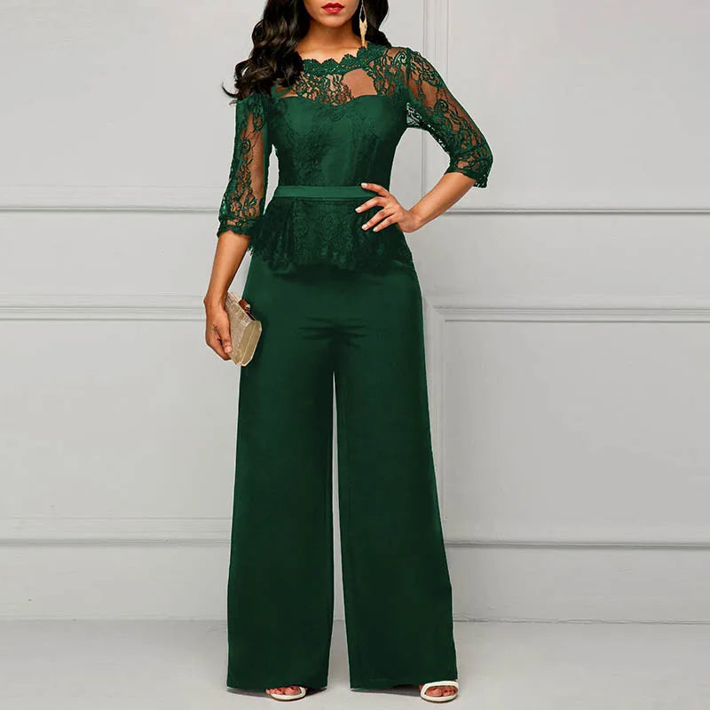 Sexy Lace Hollow Out Jumpsuits Women Spring Autumn Solid O-neck Half Sleeve Party Rompers Elegant Office Lady Wide Leg Overalls