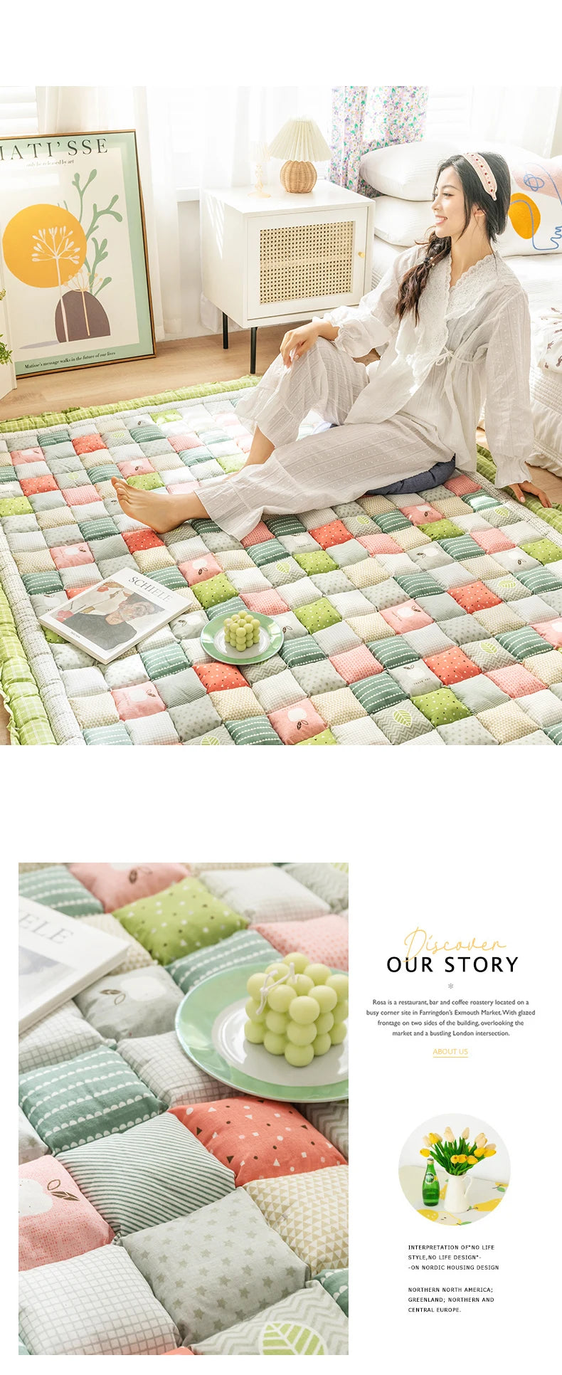 Large Thick Cotton Quilted Rugs for Living Room Anti Slip Bedroom Bedside Carpet Rugs Winter Warm Floral Print Tatami Floor Mats