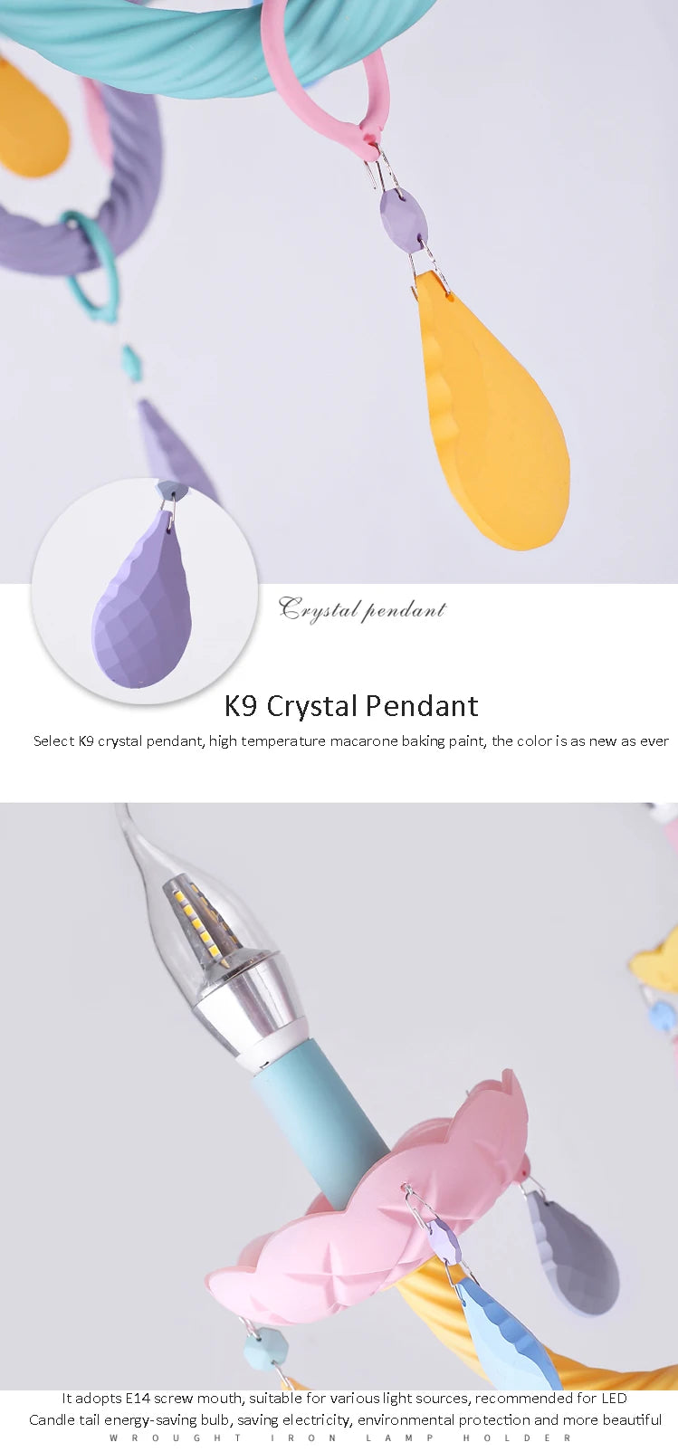 Rainbow Crystal Chandelier European Candle Lustres Bedroom Children's Room American LED E14 8 Lights Princess Makaron Kid Lamps