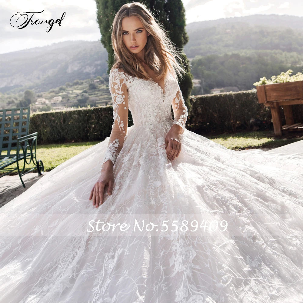 Customized Scoop A Line Lace Wedding Dresses Elegant Applique Long Sleeve Bride Dress Cathedral Train Bridal Gown Plus Size