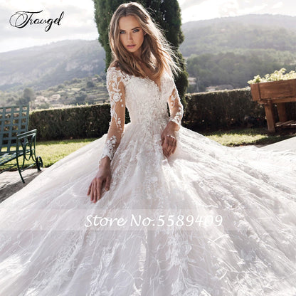 Customized Scoop A Line Lace Wedding Dresses Elegant Applique Long Sleeve Bride Dress Cathedral Train Bridal Gown Plus Size