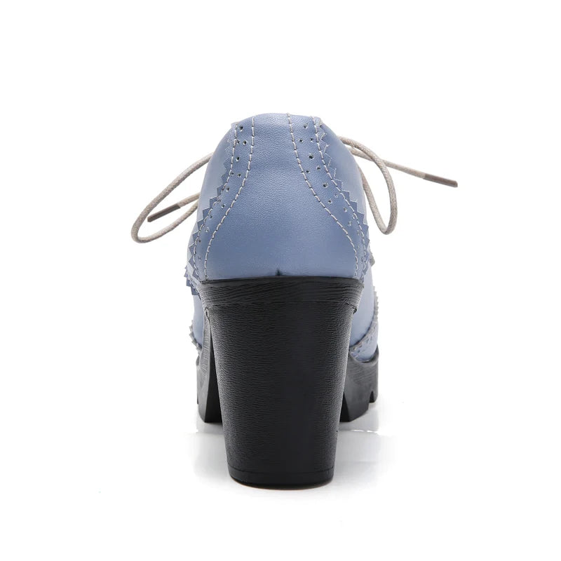 EOFK Women Brogue Shoes New Quaity High Square Heel Derby Genuine Leather High Heels Wedge Shoes Woman Female Shoes Pumps Casual