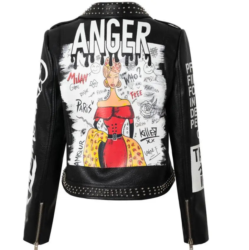 3xl women and men rivet beading pu leather jacket hit color streetstyle Graffiti outerwear letters printed leather jackets