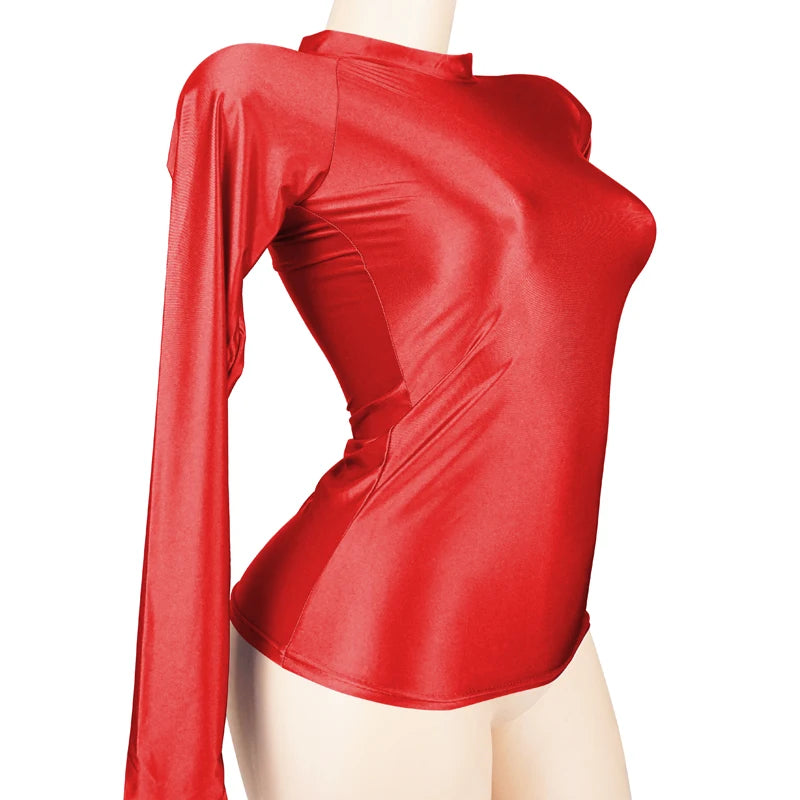 Shiny Long Sleeves Bodysuit Women Glossy Sportswear High Neck Gym Suit Sexy Transparent Leotards Compression Shirt Bathing Top