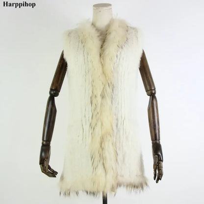 new fashion rabbit fur vest knit rabbit vest 80cm long style for women raccoon fur collar trim fur waistcoat pocket decoration