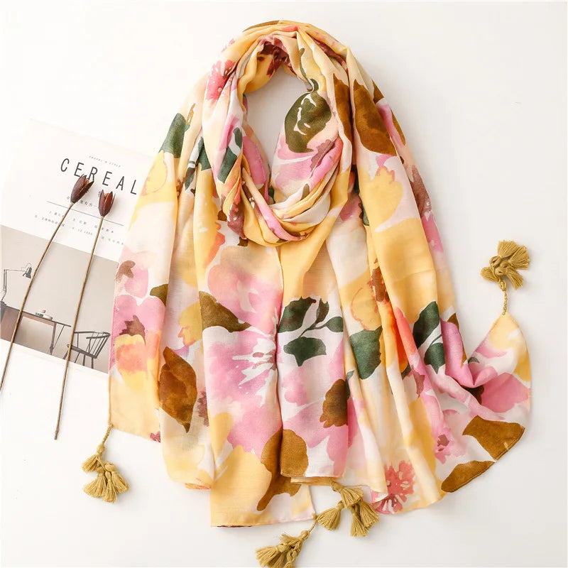 2026 Luxury Brand Ink Painting Floral Tassel Viscose Shawl Scarf Lady High Quality Pashmina Hijab and Wraps Foulard Muslim Sjaal
