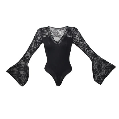Bodysuits Women Top Fashion V Neck Lace Skinny Lingerie Leotard Black Mesh Salopette Teddy Femme Horn Sleeves Rompers Jumpsuits