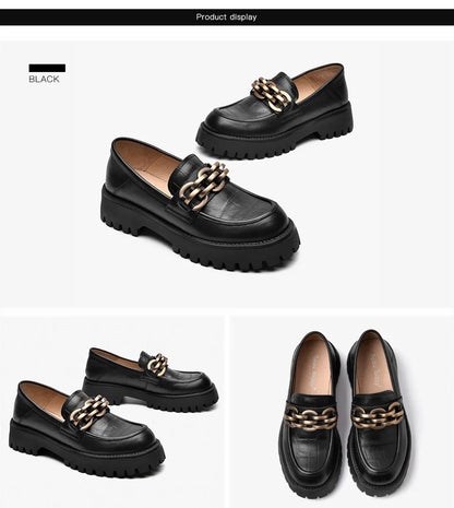 BeauToday Loafers for Women Genuine Cow Leather Round Toe Metal Chain Slip-on Ladies Platform Shoes Handmade I27748