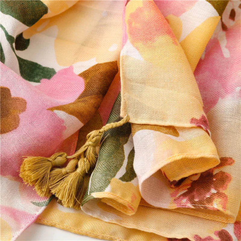 2026 Luxury Brand Ink Painting Floral Tassel Viscose Shawl Scarf Lady High Quality Pashmina Hijab and Wraps Foulard Muslim Sjaal