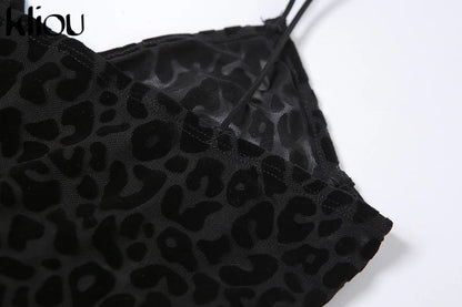 Kliou Flocking Mesh Jumpsuit Women Autumn Sexy Camis Leopard Patchwork Body-Shaping One Piece Clothing Midnight Attire Clubwear
