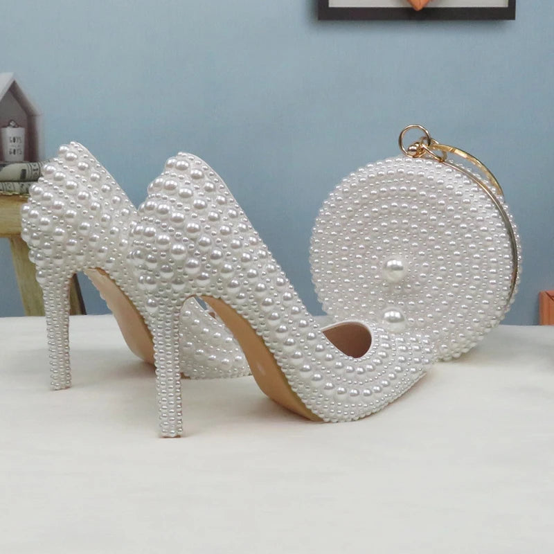 BaoYaFang White Beads Pearl Women Wedding Shoes Bride High Heels Shoes Ladies Super Big Size Party Dress Shoes Woman Pointed Toe