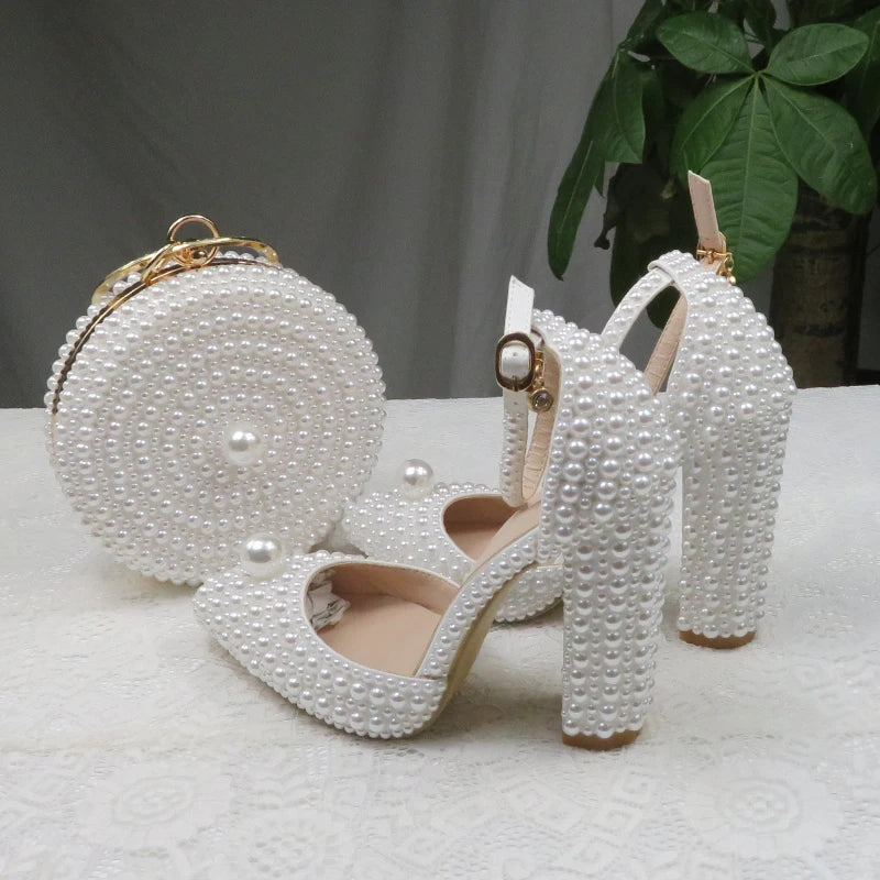BaoYaFang White Beads Pearl Women Wedding Shoes Bride High Heels Shoes Ladies Super Big Size Party Dress Shoes Woman Pointed Toe